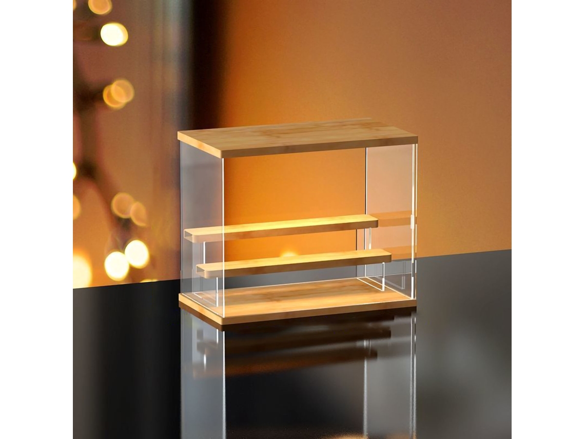Soporte de exhibición de acrílico transparente para muñecas artesanales con puerta corrediza y 3 tapas.