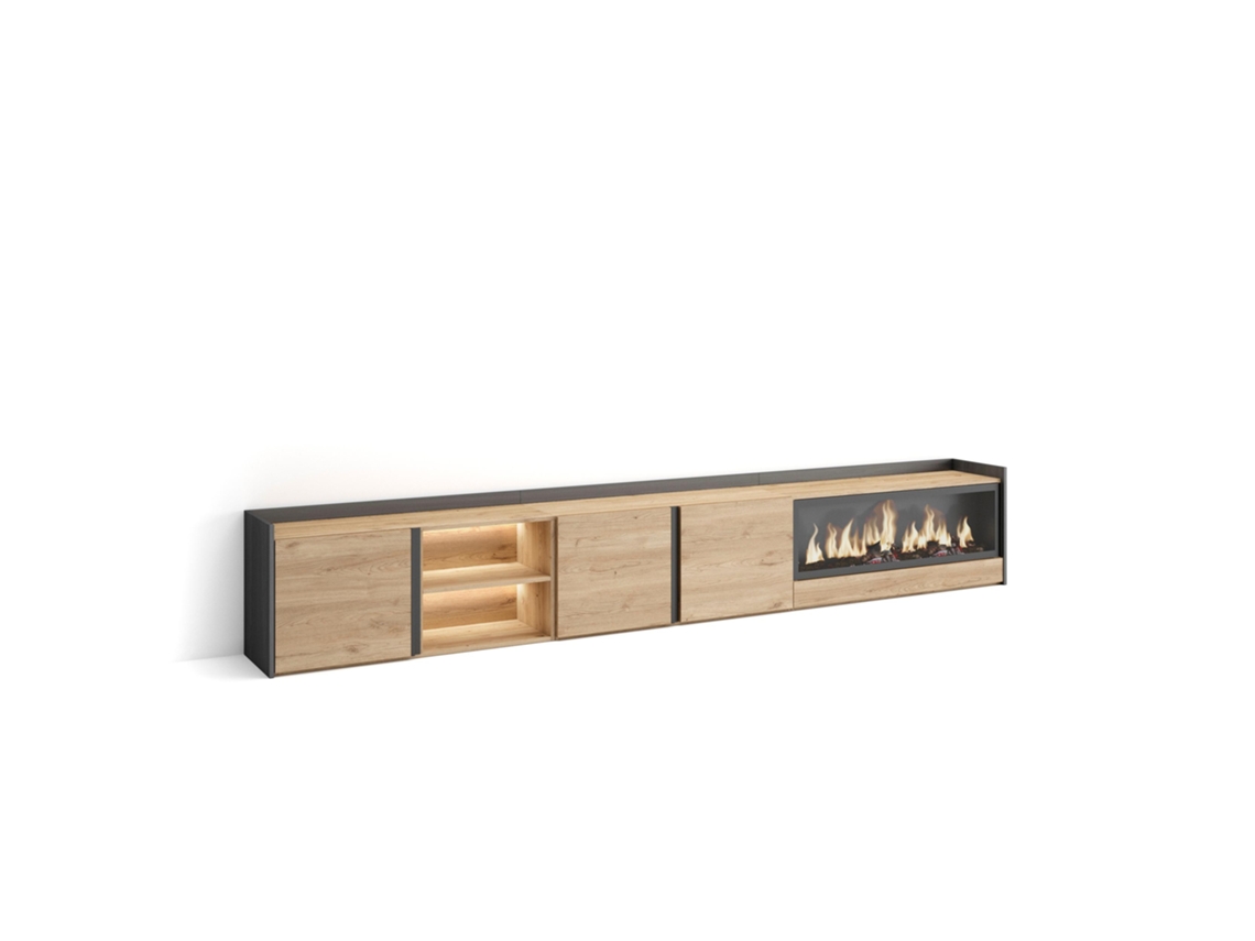 Mueble Tv, Televisión, 315x35x50cm, Para Tv Hasta 80", Chimenea Eléctrica Xxl, Led, Roble Y Negro