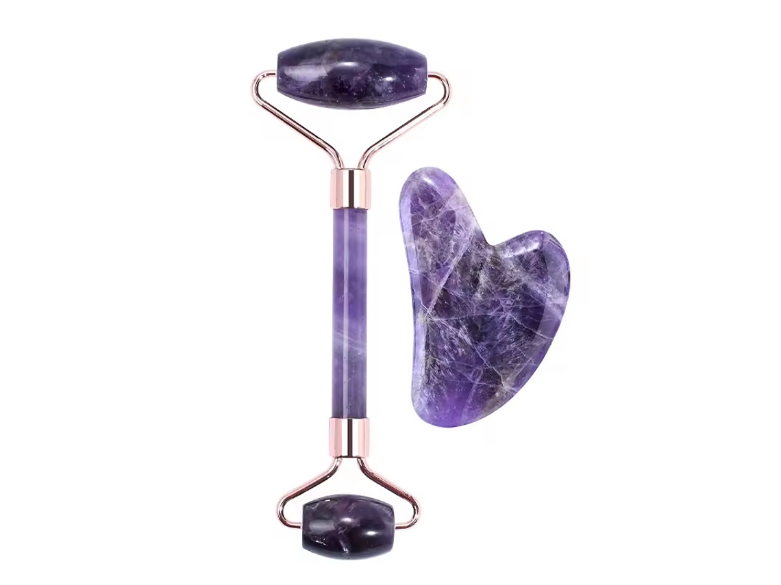Set de rodillos de masaje facial de jade, reduce la hinchazón, apto para hombres y mujeres, color morado PANOONA
