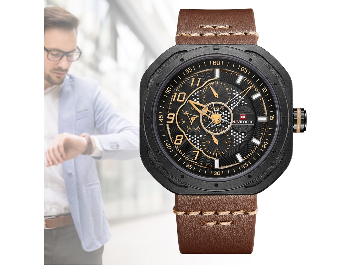 Reloj De Cuarzo Para Hombre Naviforce, Resistente Al Agua, Con Correa De Pu, Estilo Moderno.