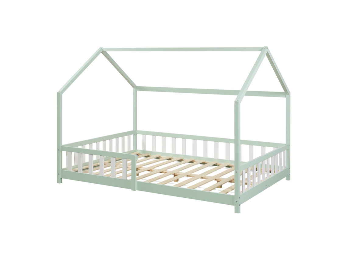 Cama infantil Hesel en forma de casa pino con reja 120x200cm - Verde menta [EN.CASA]