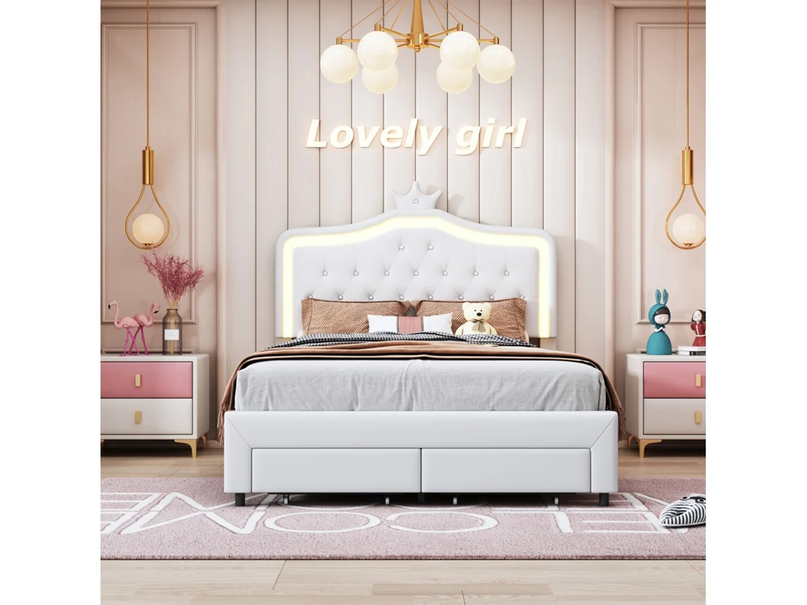 Cama De Princesa Blanca Con Corona Led, 140x200cm, Cama Infantil Grande Con Cajón Y Estructura Pu - Ideal Para El Crecimiento