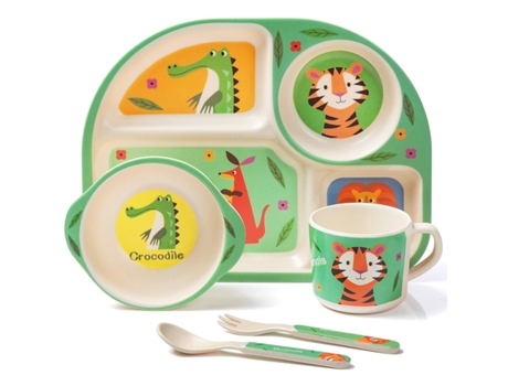 Juego de vajilla infantil de bambú juego de vajilla infantil de 5 piezas tigre plato cuenco cuchara tenedor taza ZMDECQNA