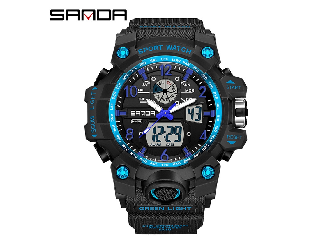 Reloj Electrónico De Moda (negro Y Azul para Mujer) Con Acabado Luminoso, Resistente Al Agua Y A Los Golpes. Alarma.