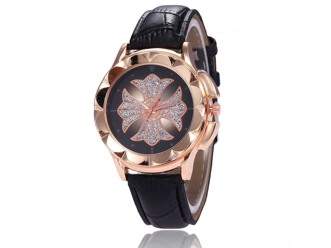 Reloj De Cuarzo Para Mujer Con Correa De Cuero Pu Y Piedras Strass Patrón Floral Negro