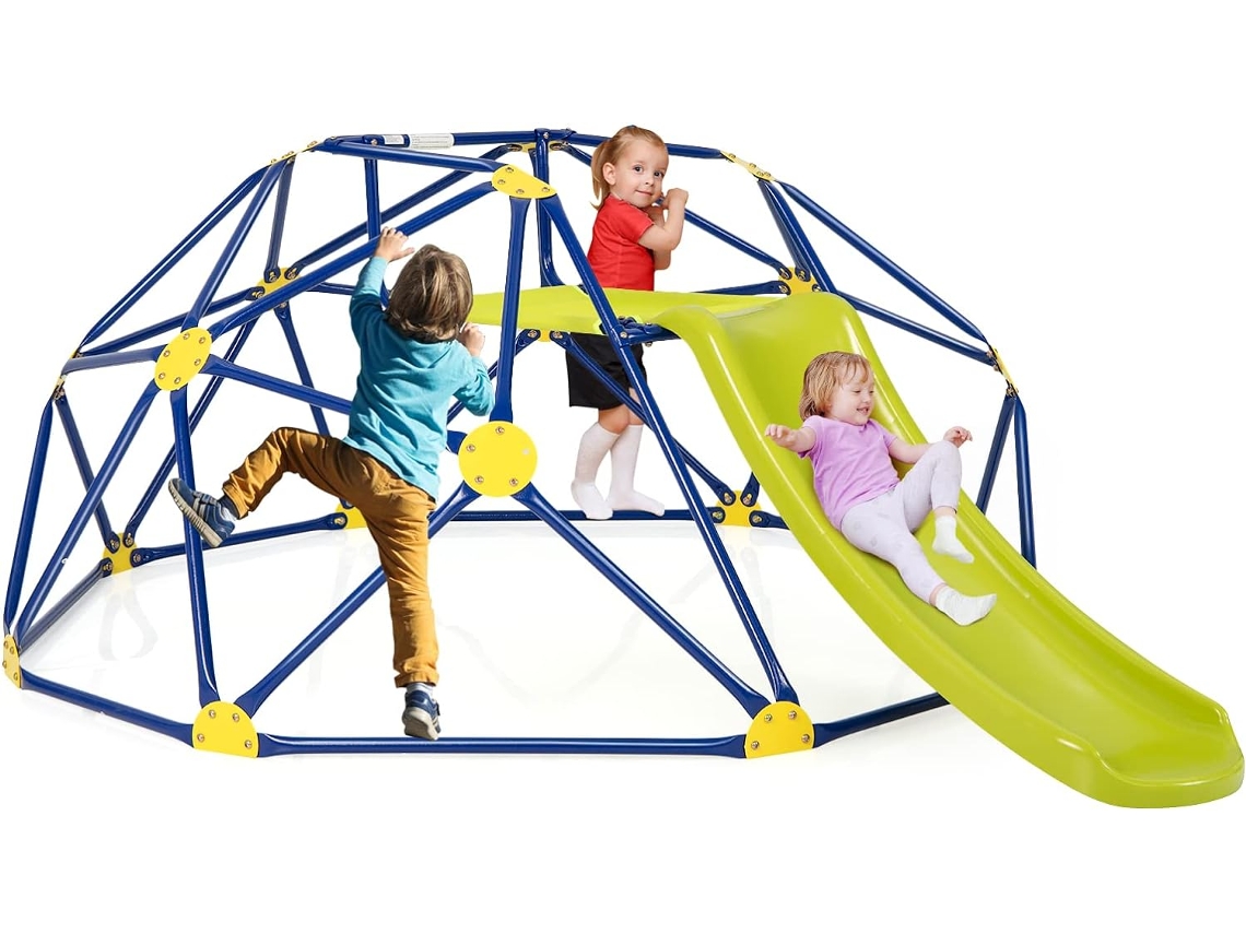 Cúpula de Escalada, Juego de Cúpula Geométrica con Tobogán Resistente, hasta180 KG, Cojín de Tela, Parque Infantil Interior y Exterior para Niños de 3-10 Años, Patio, Jardín, Parque COSTWAY