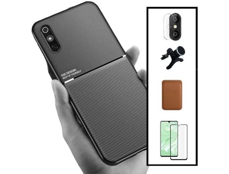 Kit Funda Magnetic Lux, Magnetic Wallet Márron, 5D Full Cover, Protector de Cámara Trasera y Soporte Magnético de Coche Reforzado Xiaomi Redmi 9A S...