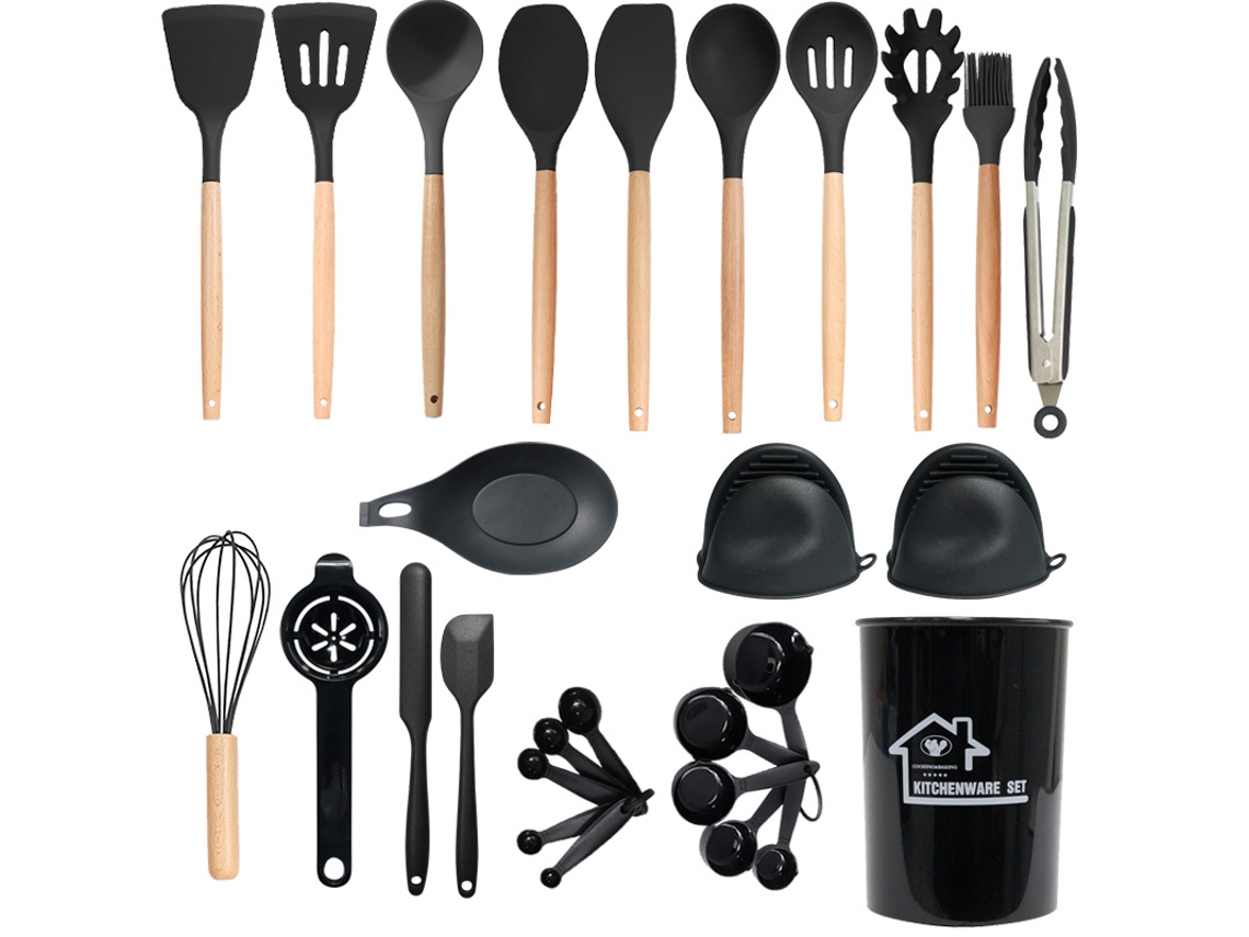 28 Peças De Utensílios De Cozinha De Silicone Panelas Resistentes Ao Calor Pretas GERTIZ