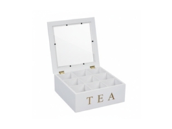 Caixa De Chá Relaxdays, 9 Compartimentos, Organizador De Saquetas De Chá, Bambu, Hbt 9 X 23,5 X 23,5 Cm, Branco/gold