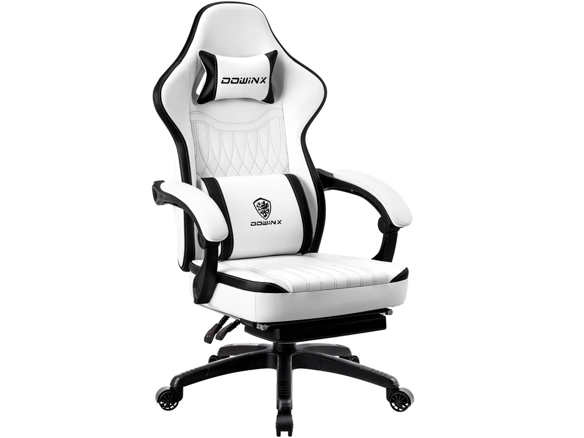 Silla ergonómica para juegos con masaje lumbar, cojín de resortes independiente, reposapiés integrado y piel sintética transpirable (blanco y negro).