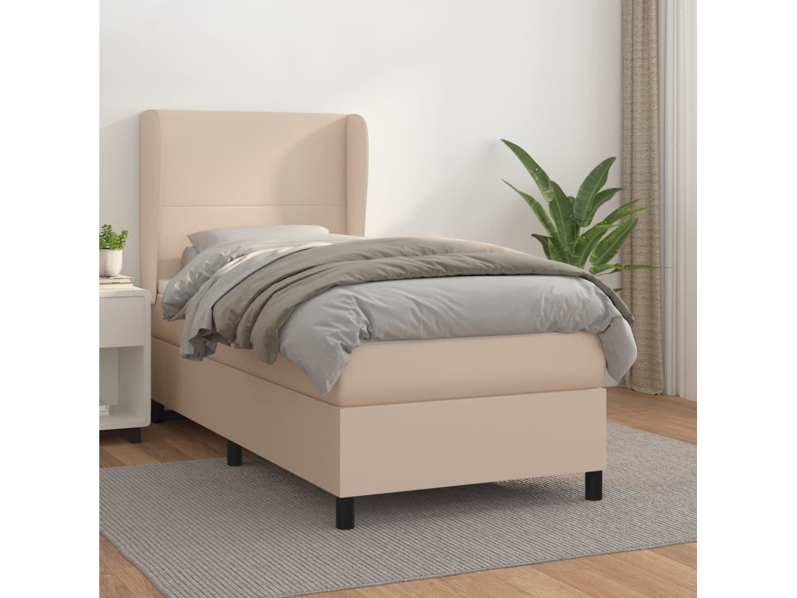 Cama Box Spring Con Colchón Cuero Sintético Capuchino 100x200cm