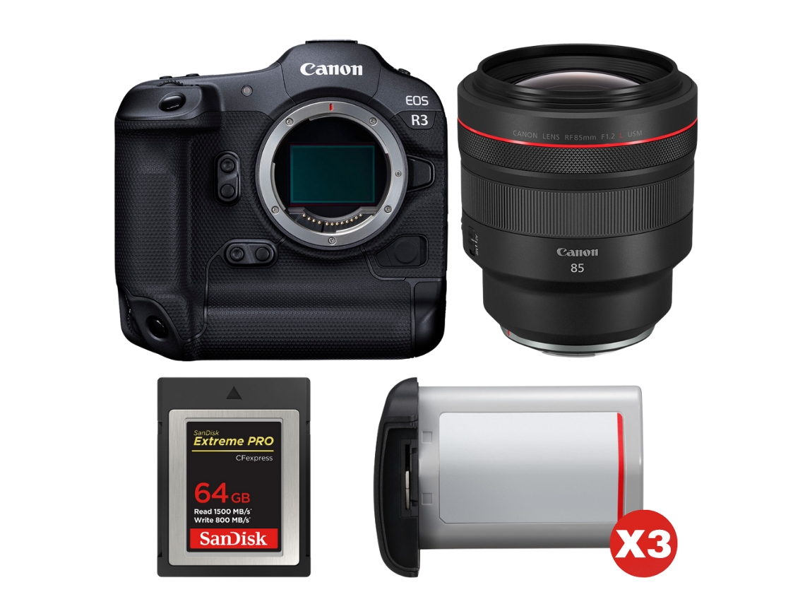 Canon Eos R3 + Rf 85mm F/1.2 L Usm + 1 Sandisk 64gb Extreme Pro Cfexpress Type B + 3 Canon Lp-e19 + Ebook “20 Consejos Para Fotos Que Impactan”
