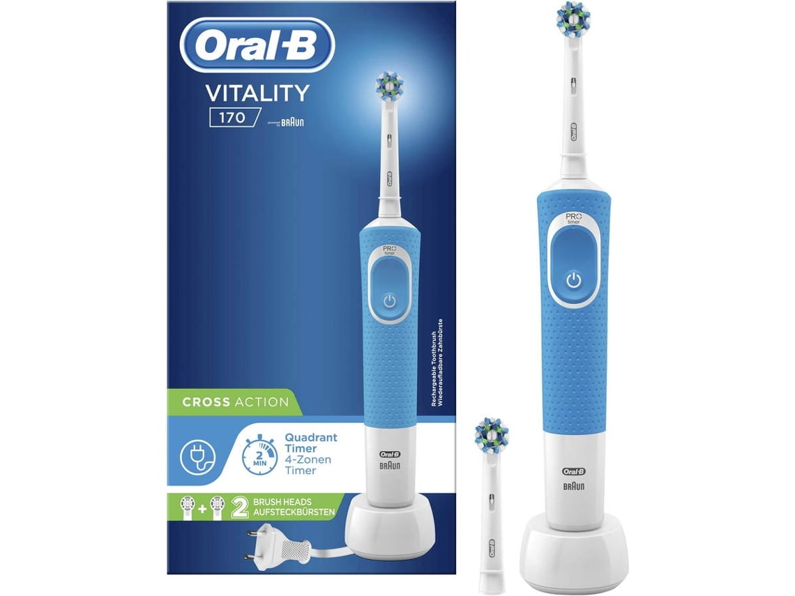 Cepillo Dientes Oralb vitality 170 crossaction 2d temporizador azul plus blanco y 7.600 rpm 100 con mango recargable tecnología braun 2 cabezales