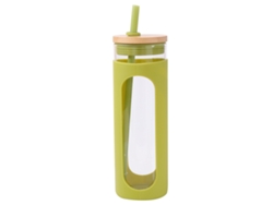 Vaso de vidrio de 600 ml con tapa de bambú y pajita, botella a prueba de fugas con funda de silicona RNEMITERY