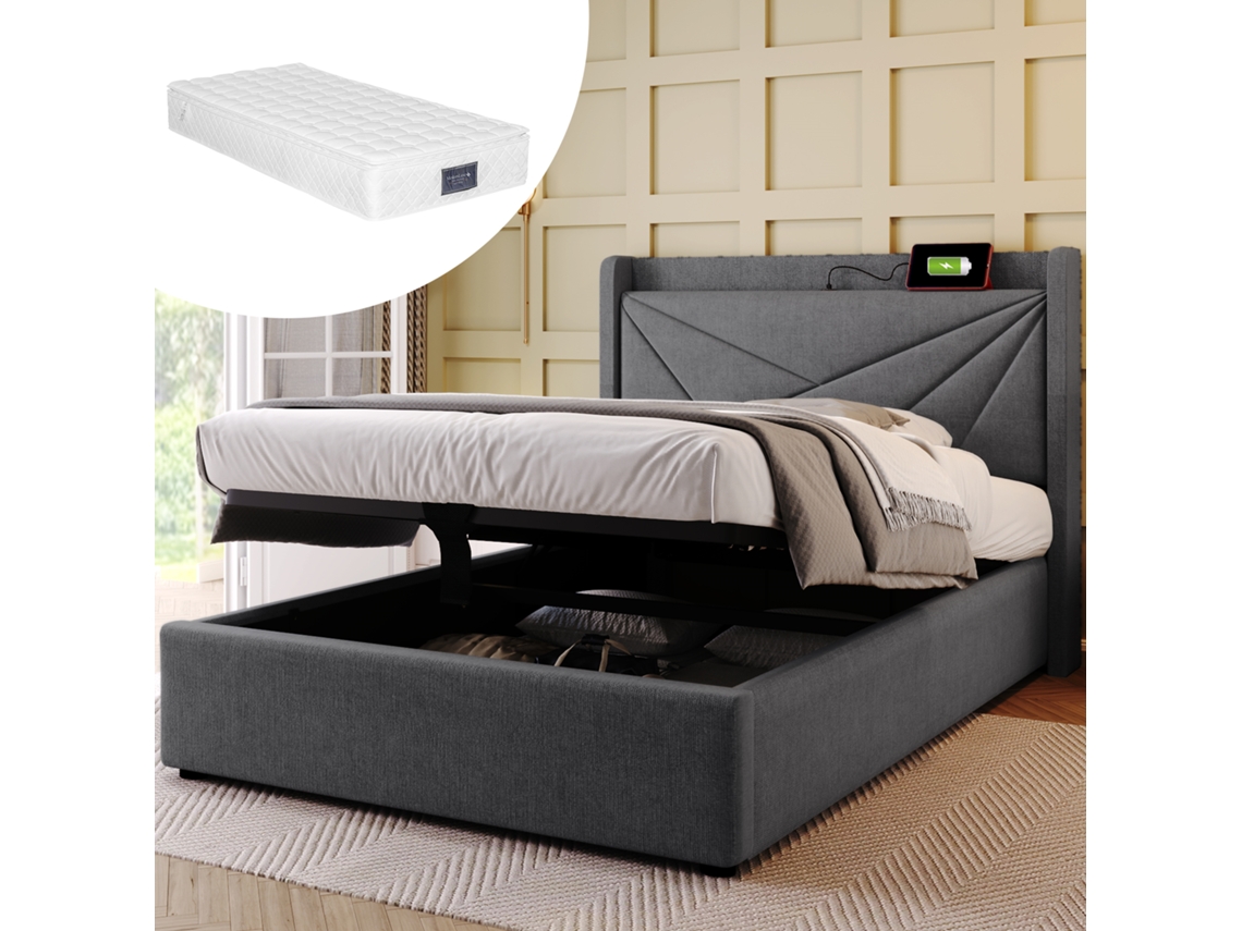 Cama Individual De Lino, 90x200 Cm, Con Espacio De Almacenamiento, Usb-c Y Diseño Multifuncional.
