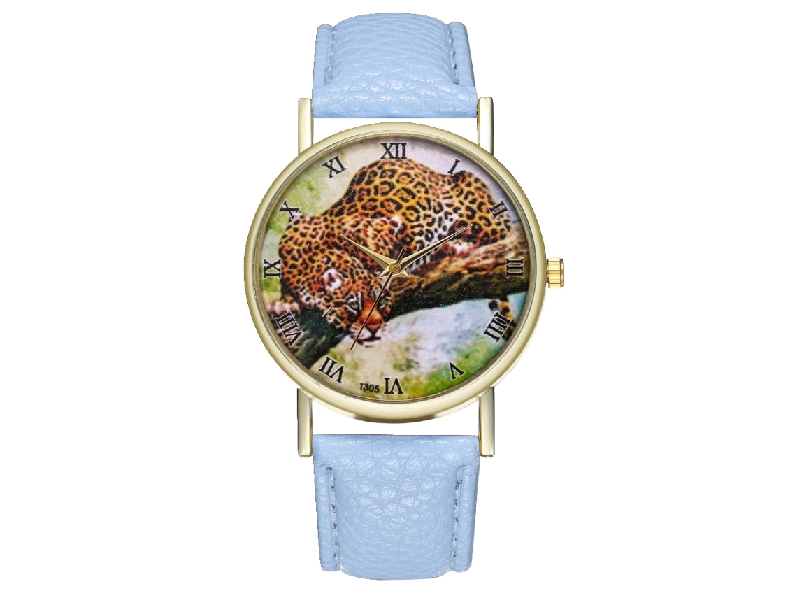 Reloj De Cuarzo Unisex Con Correa De Cuero Pu, Dial Leopardo, Azul Claro