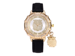 Reloj De Pulsera Para Mujer Con Colgante De Búho Y Diamantes De Imitación Sobre Piel Sintética Negra.