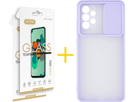 Carcasa y 2 Protectores de Pantalla de Vidrio Samsung A72 5G ACCETEL Gel Protección Cámara Morado