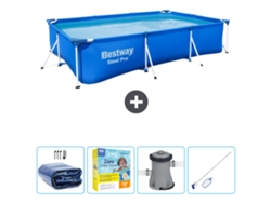 Piscina BESTWAY Rectangular Steel Pro - 300 x 201 x 66 cm - Azul - Incluida Vela solar - Paquete de mantenimiento - Bomba - kit de limpieza