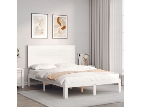 VIDAXL Cama doble blanca de madera maciza con cabecero (Madera - 135 x 190 cm)