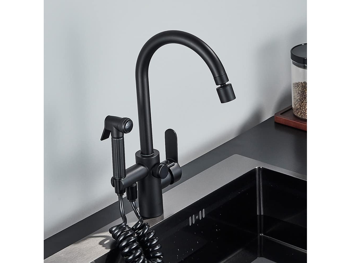 Grifo De Cocina Negro De 360° Con Bidé, Caño Giratorio Y Doble Brazo