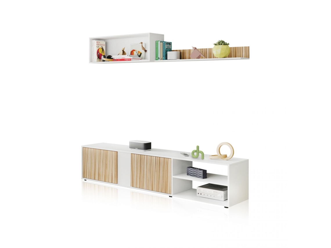 Salón con mueble de TV y estantería 180 cm Alix Blanco Artik (Blanco Mate) - Natur 180 x 40 x 33 cm