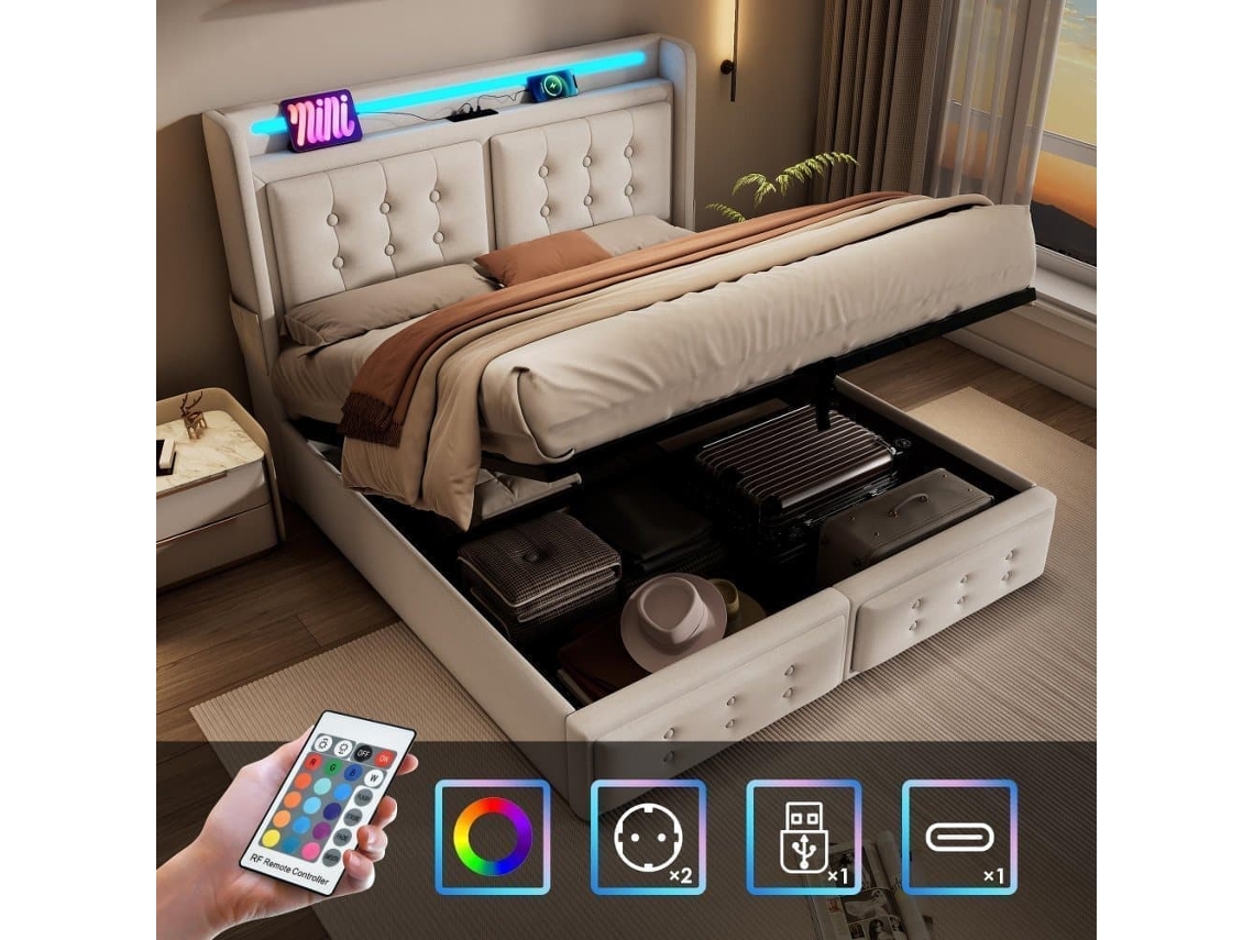 Cama Con Almacenaje De Tela De Lino De 160x200 Cm - Con Led Y Puertos De Carga - Beige