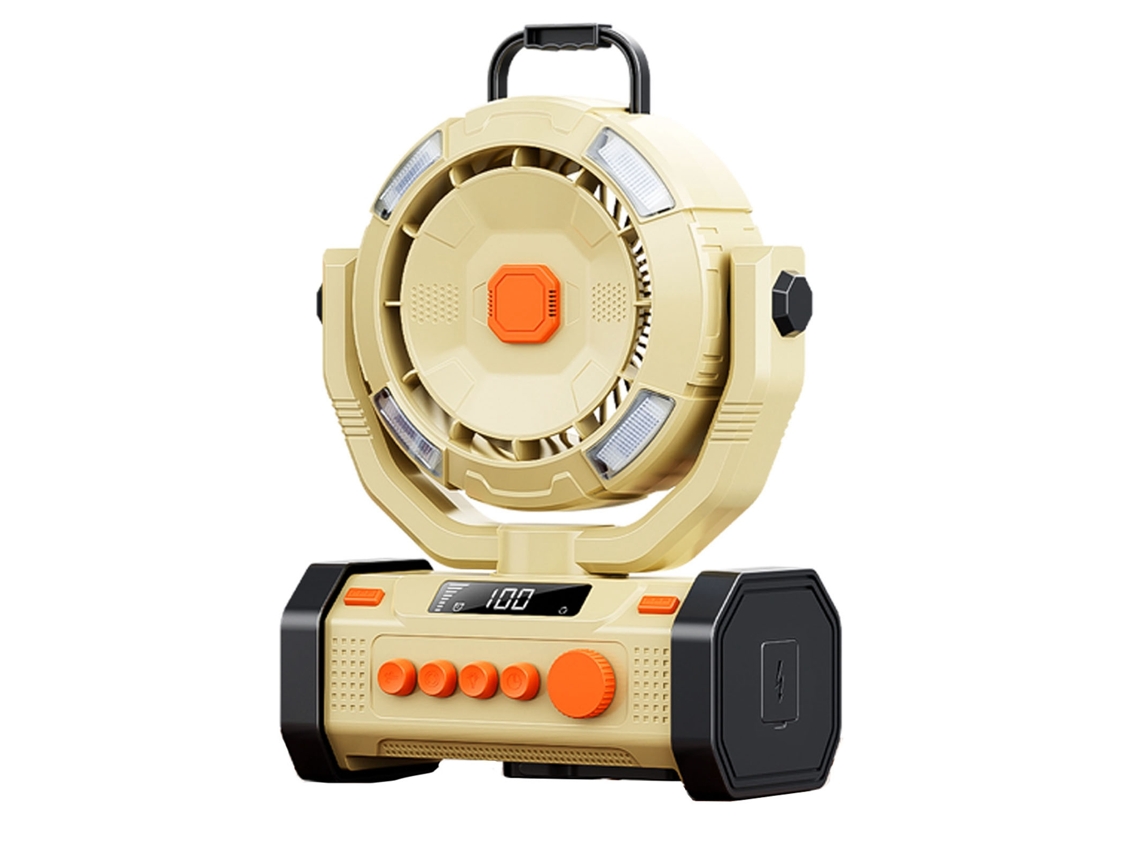 Ventilador portátil multifuncional recargable para camping con 4 velocidades.