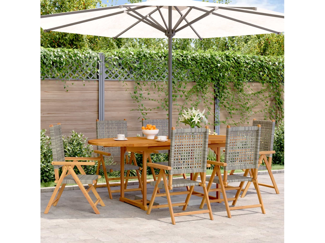Juego de comedor de jardín de 7 piezas en madera maciza y mimbre gris DKD Home Decor