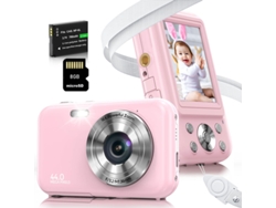 Cámara Digital para Niños Compacta TURMIN Dc406 FDH 44MP con Zoom y Enfoque Automático 16X, pantalla de 2,4 pulgadas, 8G, rosa.