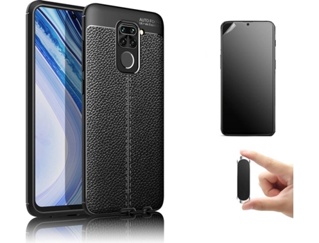 Kit Carcasa, Protector y Soporte Xiaomi Redmi Note 9 Ultimatte Rugged Leather Negro