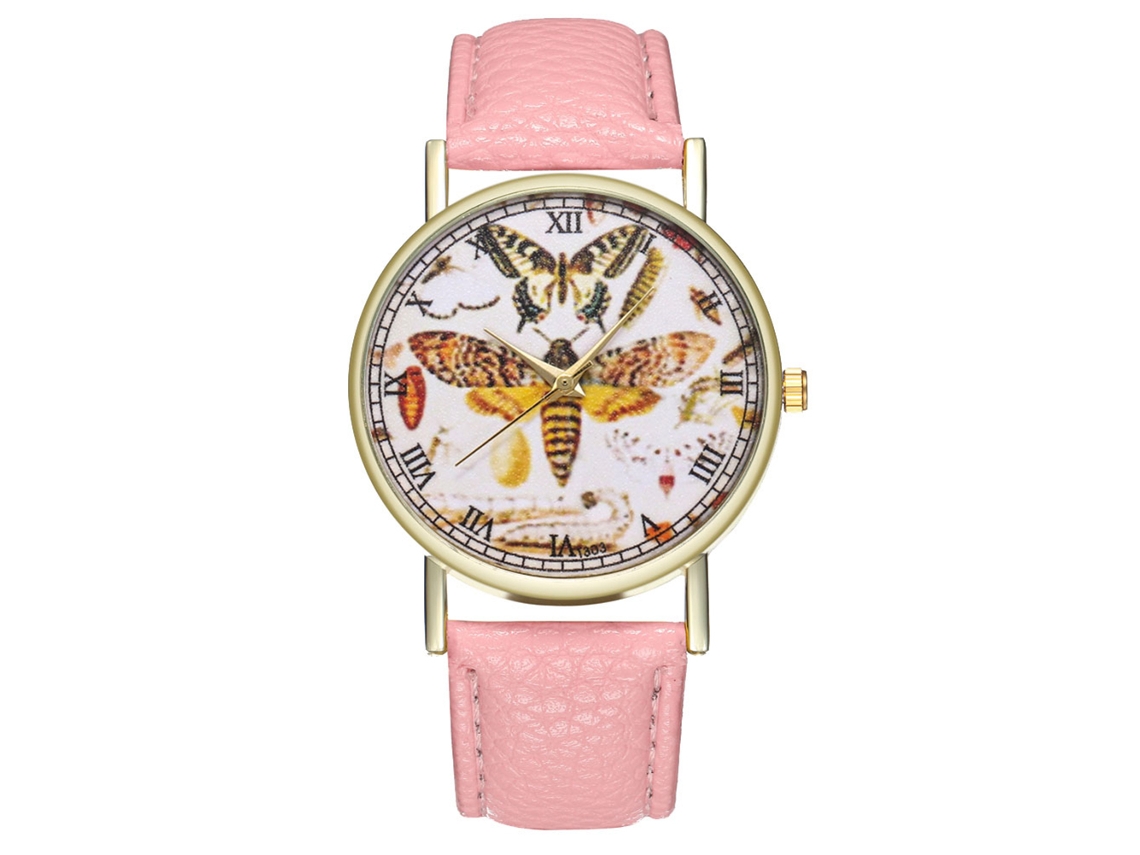Reloj De Cuarzo Para Mujer Zhoulianfa T303-a, Correa De Cuero, Estilo Ejecutivo, Mariposa Rosa.