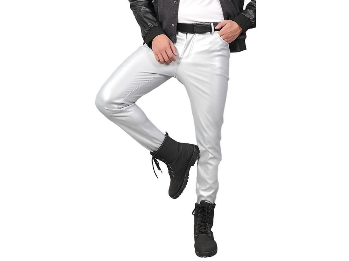 Calça de couro masculina casual de cintura média e corte slim, cor sólida, tamanho ACX EU 31, prata, modelo 2026.
