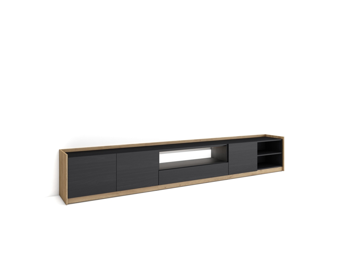 Mueble Tv, Televisión, 310x37x50cm, Para Tv Hasta 80", Led, Negro Y Roble