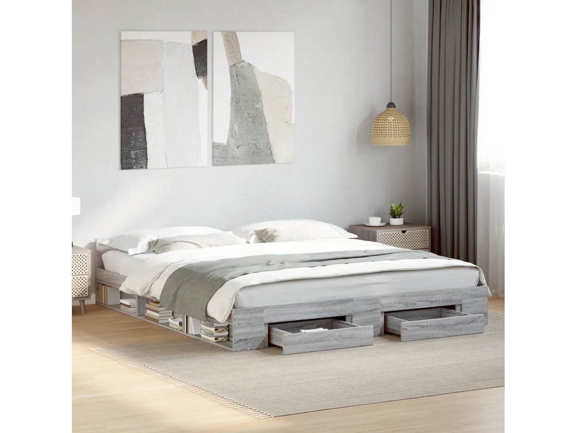 Cama Con Cajones Madera Ingeniería Gris Sonoma 200x200 Cm