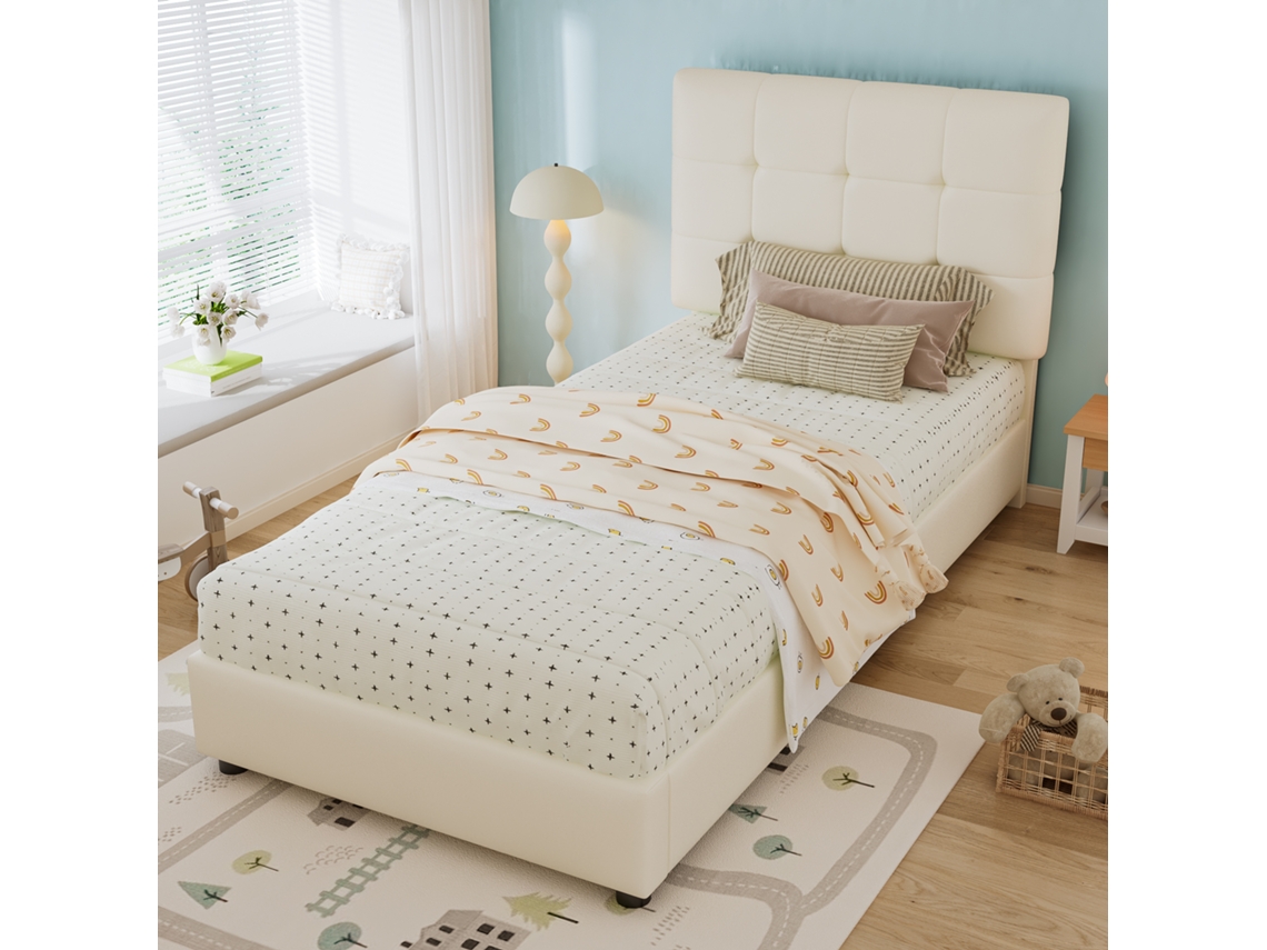 Cama Infantil De 90x200 Cm, Cabecero Color Galleta, Espuma De Poliuretano, Antiimpacto, Color Beige, Segura.