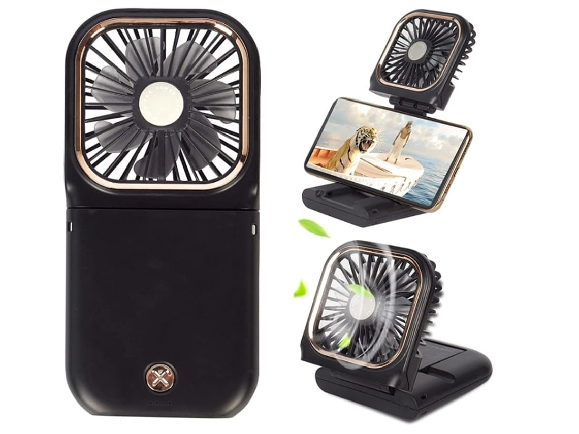 Mini ventilador portátil inalámbrico, cargador portátil, pequeño ventilador, ventilador personal plegable, alimentación USB, 3000 mAh, 3 velocidades, negro USHION