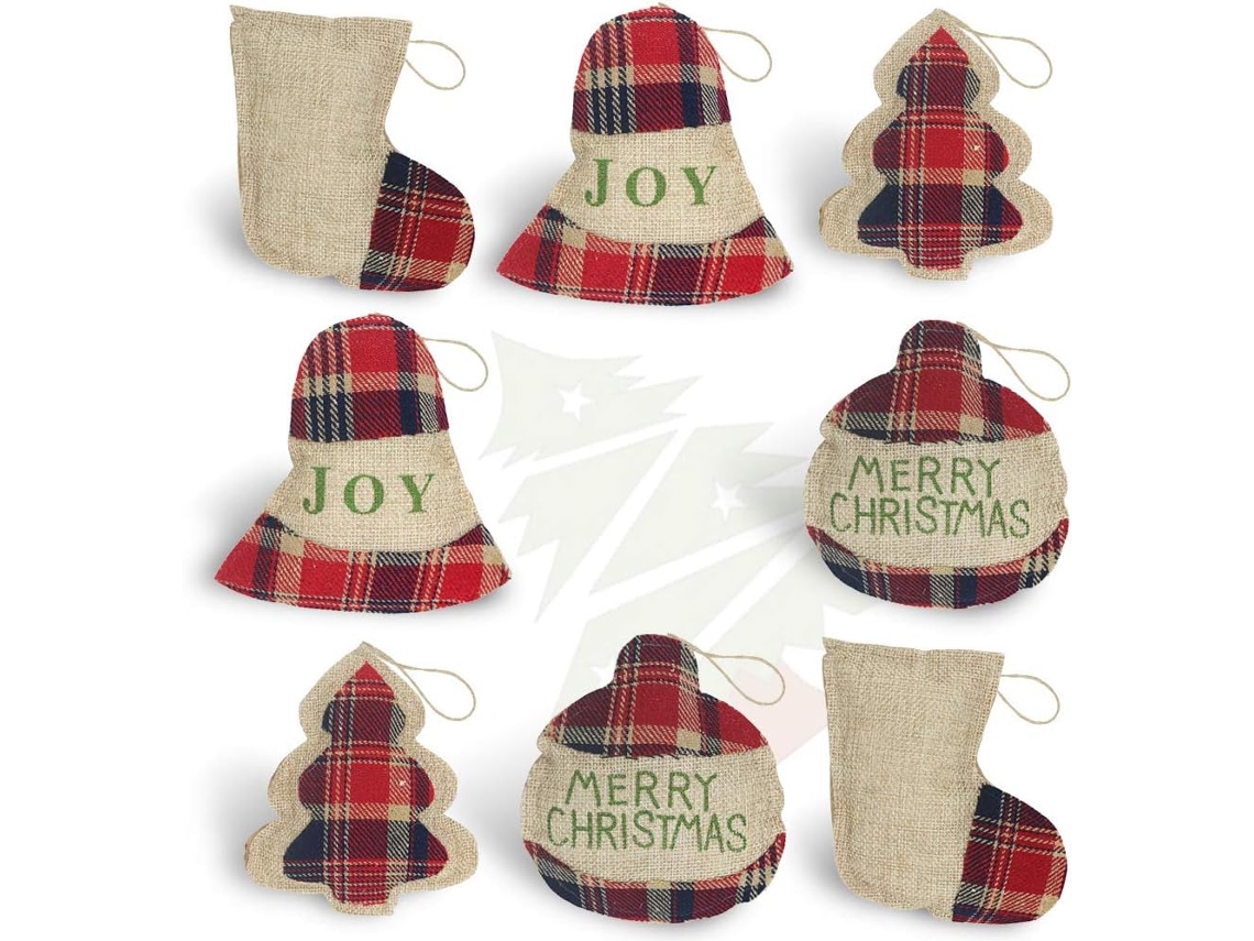 Adornos navideños en bolsa, mini adornos navideños rojos y a cuadros, decoraciones navideñas rústicas