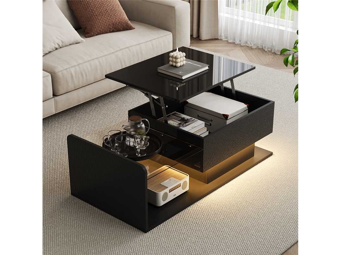 Mesa De Centro Negro Brillante Cristal Led Tablero Cristal