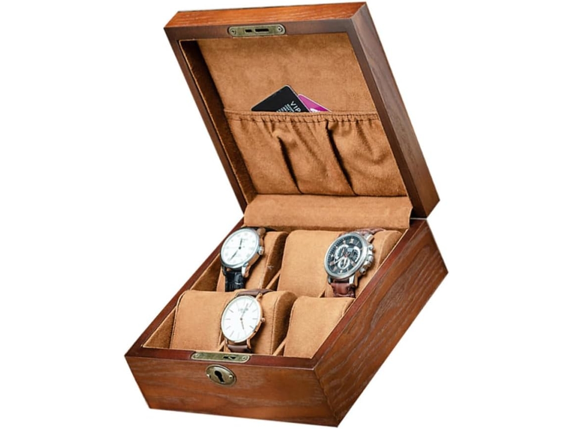 Almacenamiento Relojes Proteger Exhibir Colección Elegante Madera Marrón 6 Compartimentos Cerradura Caja Su