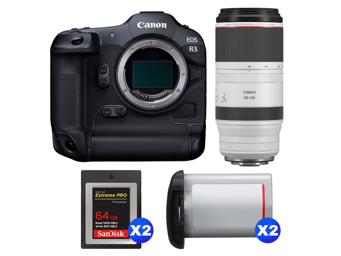 Canon Eos R3 + Rf 100-500mm F/4.5-7.1 L Is Usm + 2 Sandisk 64gb Extreme Pro Cfexpress Type B + 2 Canon Lp-e19 + Ebook Pricedirect