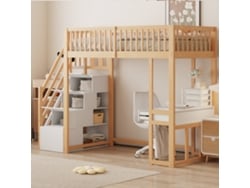 Cama Alta 90x200 Cm Com Mesa Multifuncional E Escada De Armazenamento, Madeira Maciça Branca