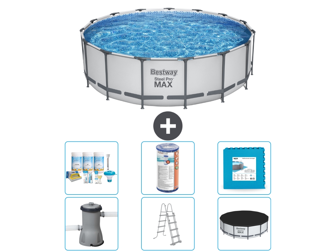 Piscina BESTWAY Round Steel Pro MAX - 457 x 122 cm - Gris - Bomba incluida - Escalera - Cobertor Paquete de mantenimiento - Filtrar - Baldosas
