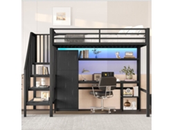 Cama Alta Metálica 140x200 - Con Escritorio, Estantería, Armario Y Escalera Con Almacenamiento - Negro