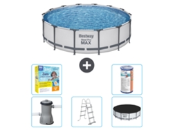 Piscina BESTWAY Round Steel Pro MAX - 427 x 107 cm - Gris - Bomba incluida - Escalera - Cobertor Paquete de mantenimiento - Filtrar