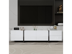 Mueble para TV KOMHTOM, 170x30x39 cm, 3 puertas, 1 cajón, 1 puerta abatible, iluminación LED, gestión de cables, blanco.
