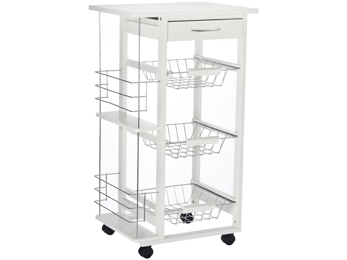 Carrito De Servicio De Cocina Con Ruedas, Almacenamiento Múltiple, 3 Cestas Metálicas, Cajón + 2 Botelleros, Madera De Pino Blanco.
