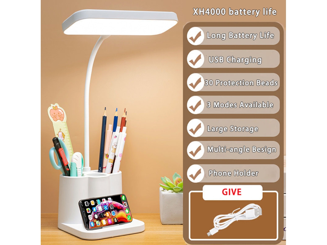 Lámpara de mesa con protección ocular, luz antiparpadeo, corriente estable, modelo Xh4000, con compartimento para bolígrafo y soporte para teléfono móvil.