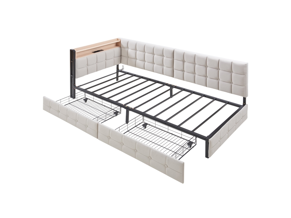 Cama Tapizada De 90 X 200 Cm Con 2 Cajones - Beige