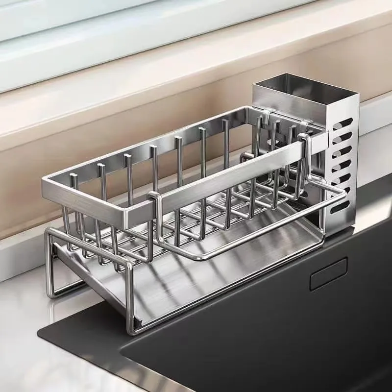 Soporte multifuncional de acero inoxidable para utensilios de limpieza de fregadero, escurridor de platos y organizador de esponjas. Organizador para jabón, esponja y paño.